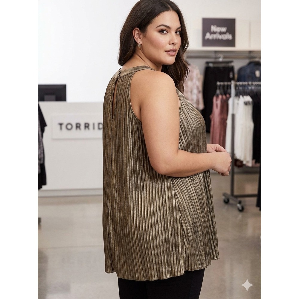 Torrid Size 3 3X Gold Metallic Pleated Goddess Tank Top Sleeveless Blouse NWOT